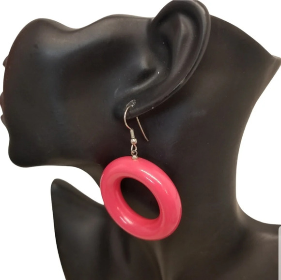 RETRO HOT PINK PUFFED HOOP DROP EARRINGS - Picture 2 of 5